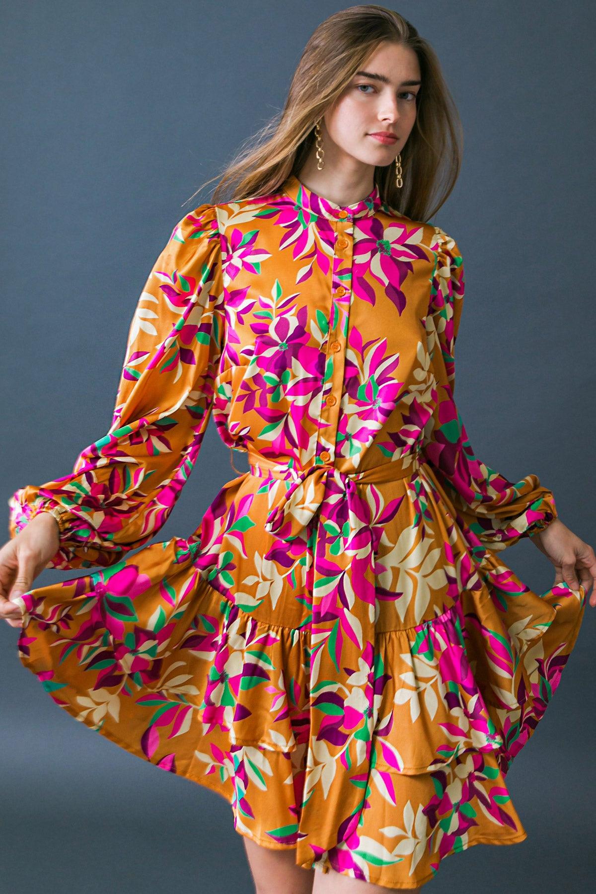 Just Believe in Me Woven Mini Dress Printed with China Collar Button Down in 20bron7 — Soul Flow Apparel