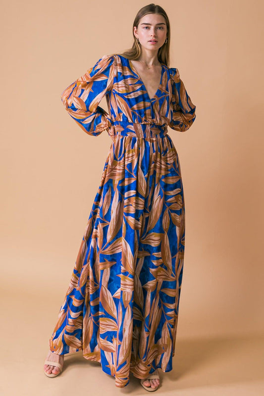 The Hope Of It All Printed Woven Maxi Dress With V Neck Smocked Sleeves