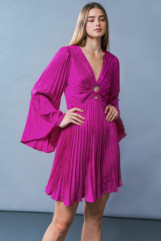 Graceful Entrance Satin Mini Dress With Jacquard Pleated V Neck O Ring Detail