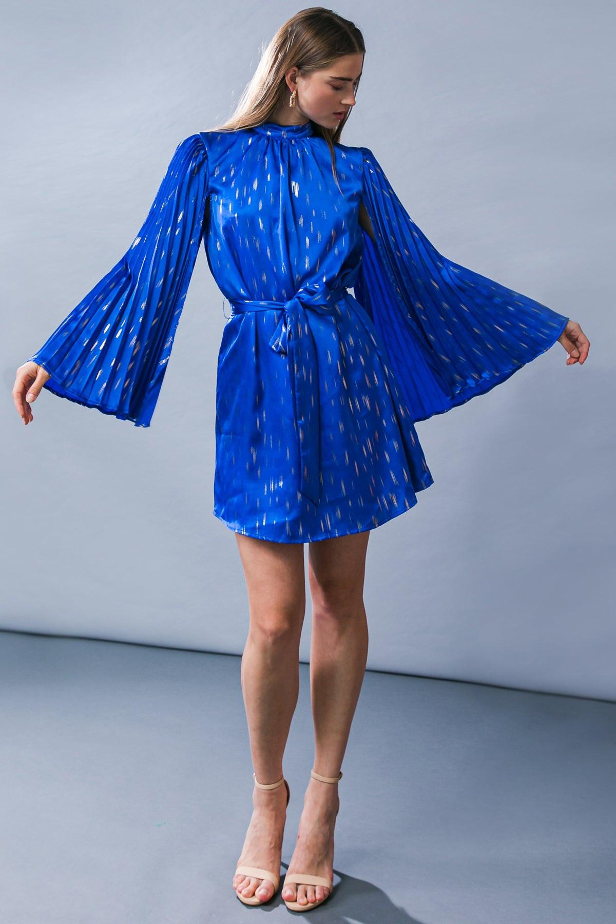 Mesmerizing Elegance Woven Mini Dress With High Neckline And Bell Sleeves