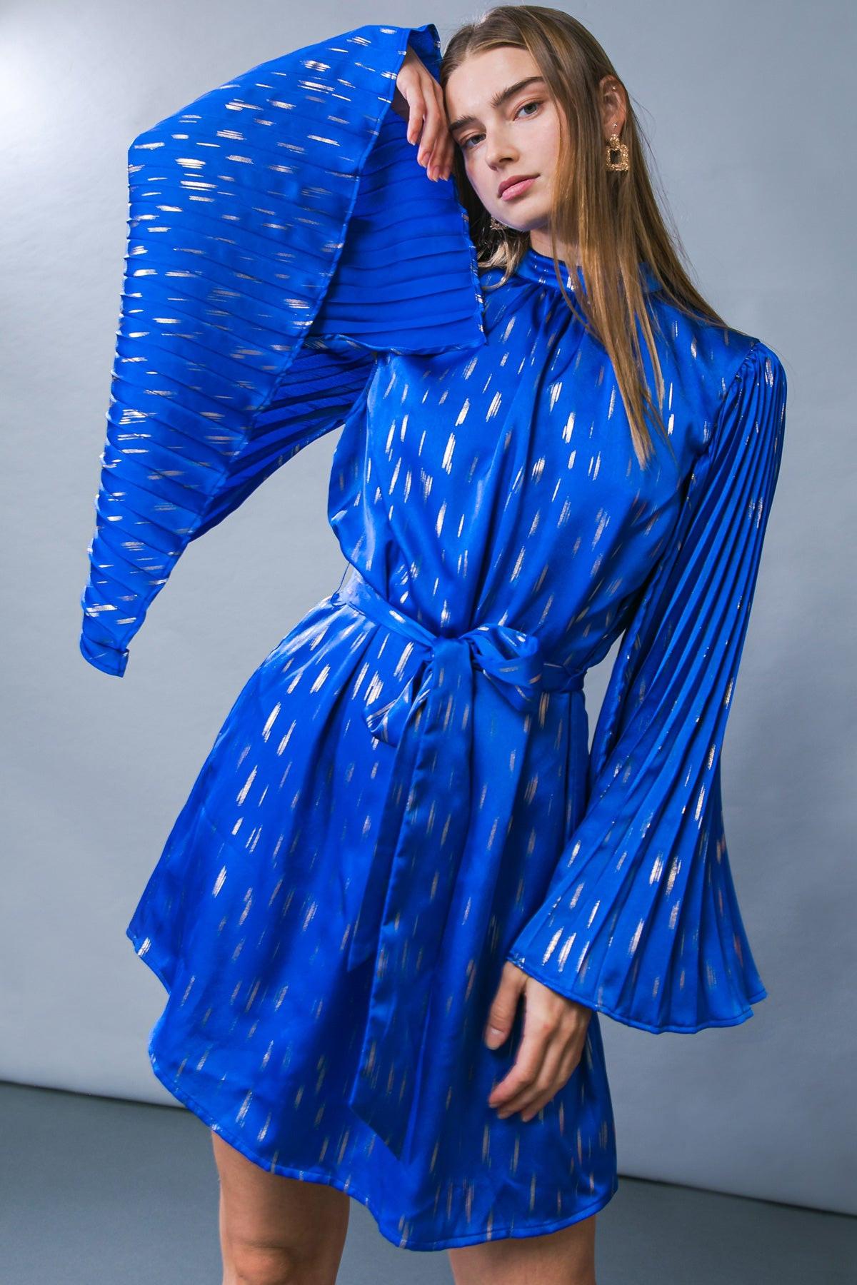 Mesmerizing Elegance Woven Mini Dress With High Neckline And Bell Sleeves