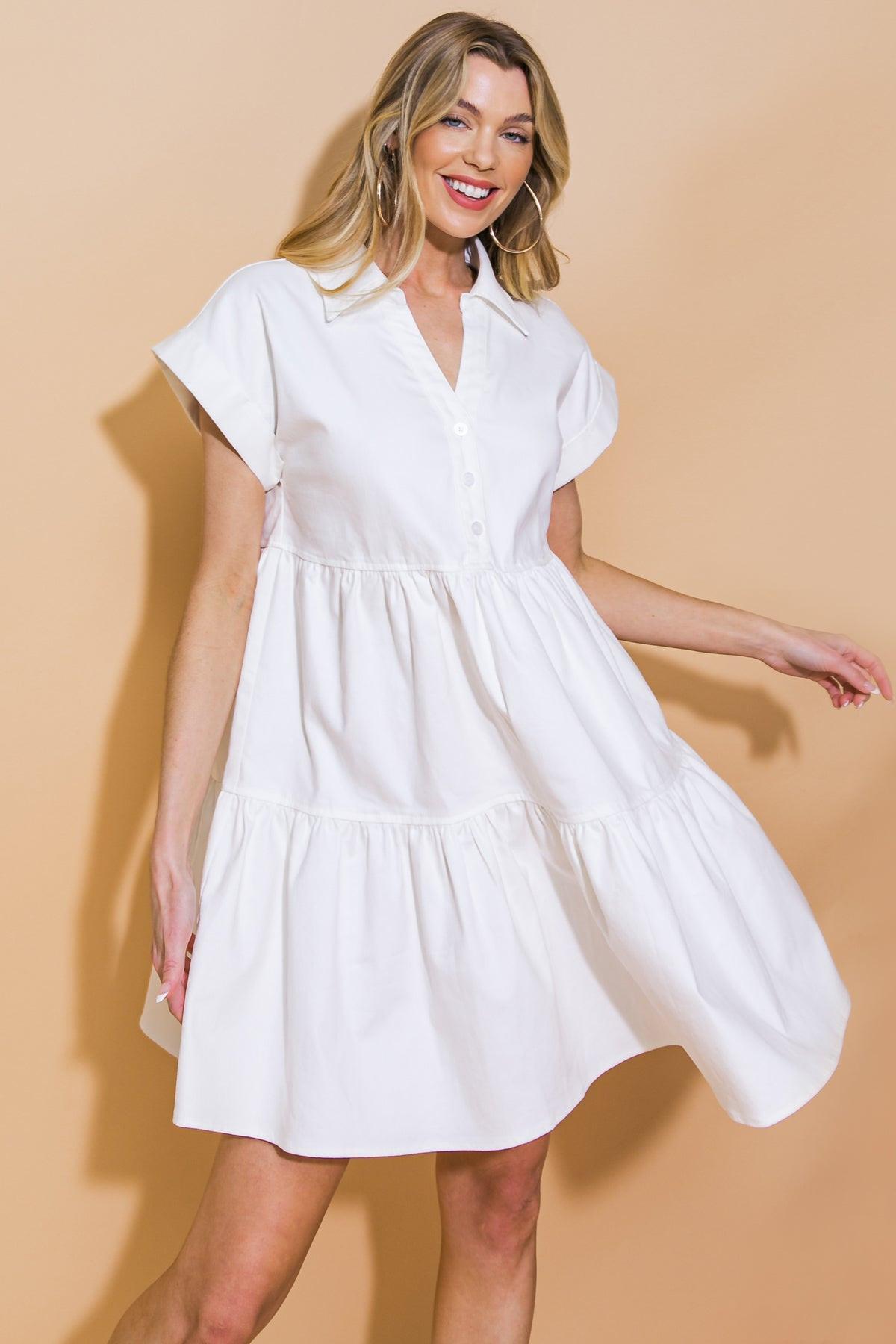 Timeless Beauty Twill Mini Dress with Shirt Collar Button Down and Tiered Body in 20whi12 — Soul Flow Apparel