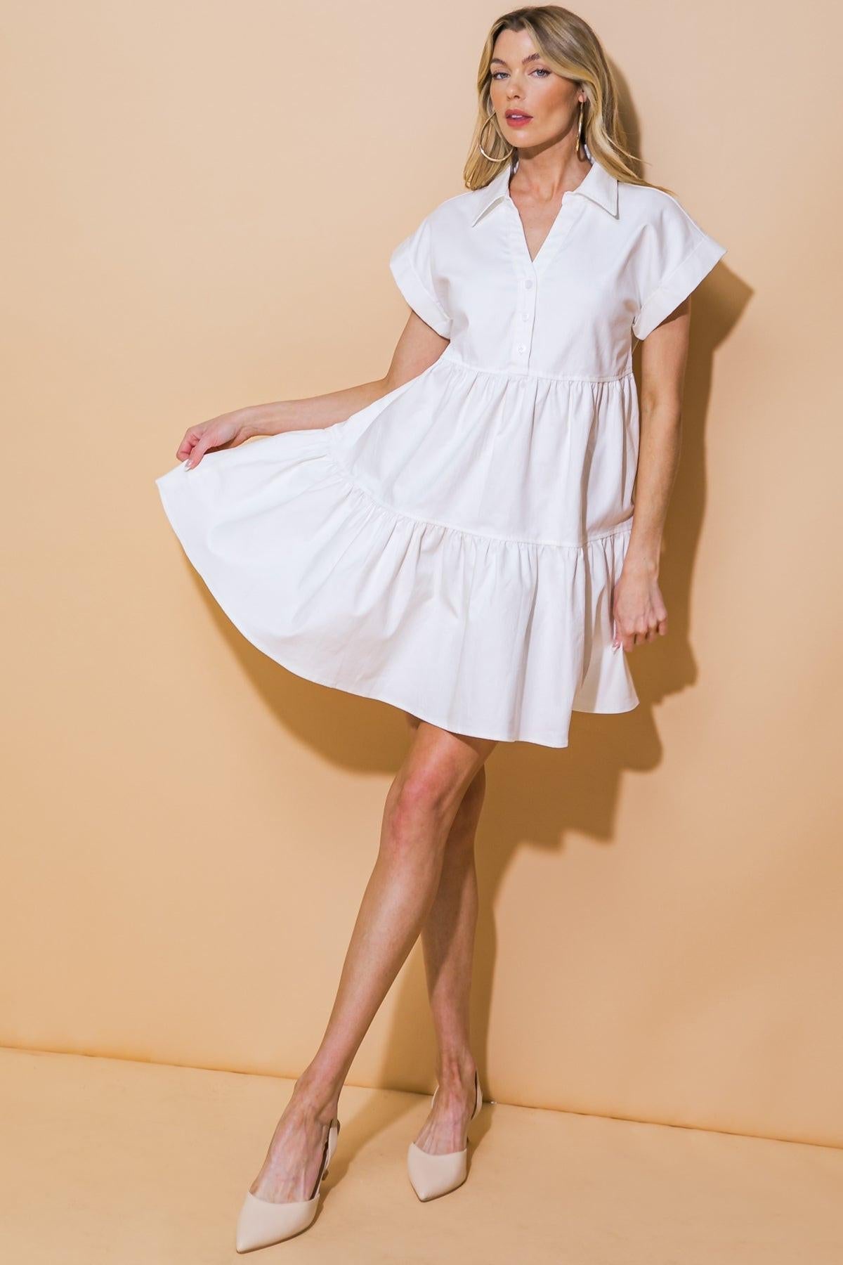Timeless Beauty Twill Mini Dress with Shirt Collar Button Down and Tiered Body in 20whi3 — Soul Flow Apparel
