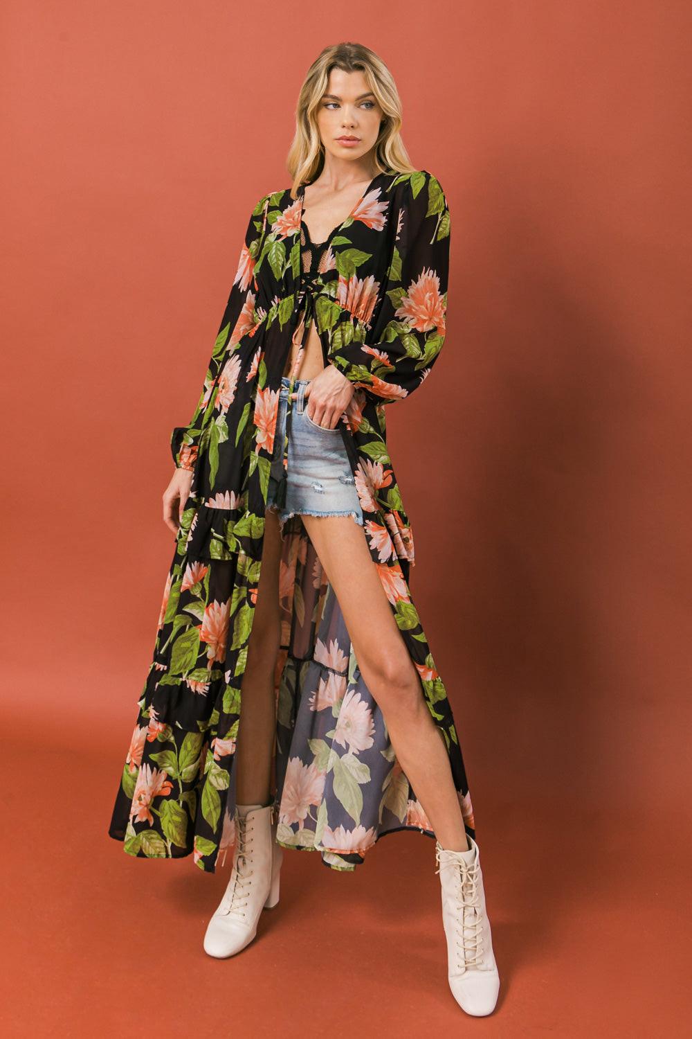 Bein with the Basics Woven Maxi Cover Up Empire Waist Tie Peasant Sleeves in 20blk, view 201 — Soul Flow Apparel