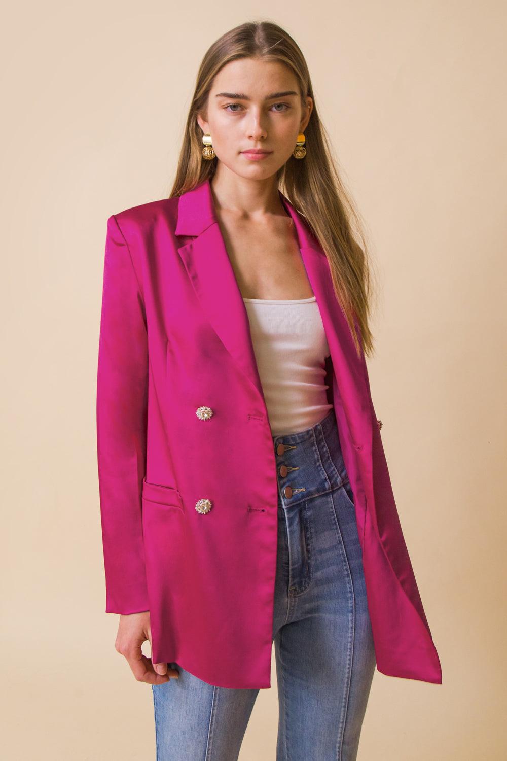 Perfect for Me Satin Blazer with Front Pockets Tailored Fit and Sleeve Buttons in 20fuch, view 2024 — Soul Flow Apparel