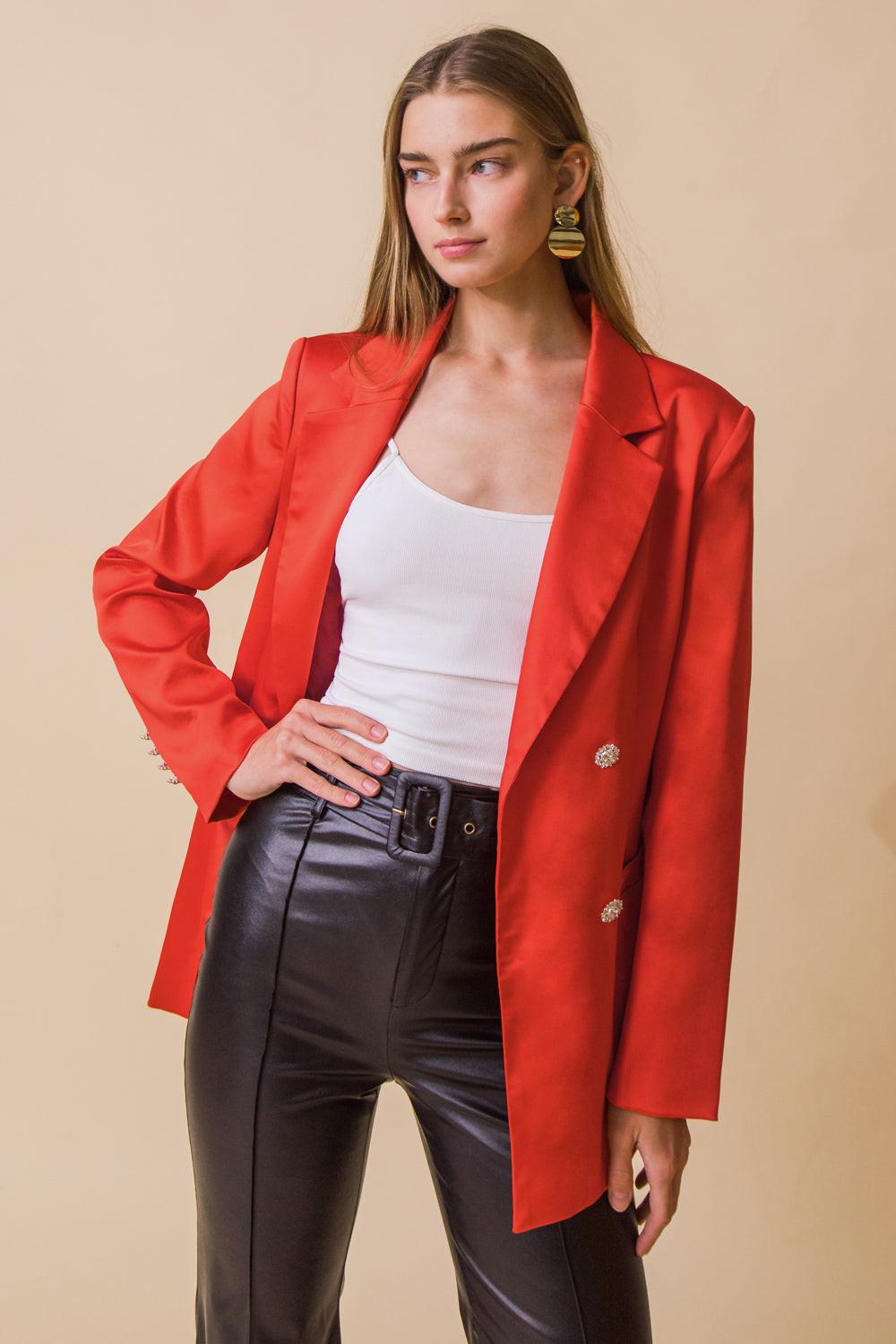 Perfect for Me Satin Blazer with Front Pockets Tailored Fit and Sleeve Buttons in 20orange, view 202 — Soul Flow Apparel