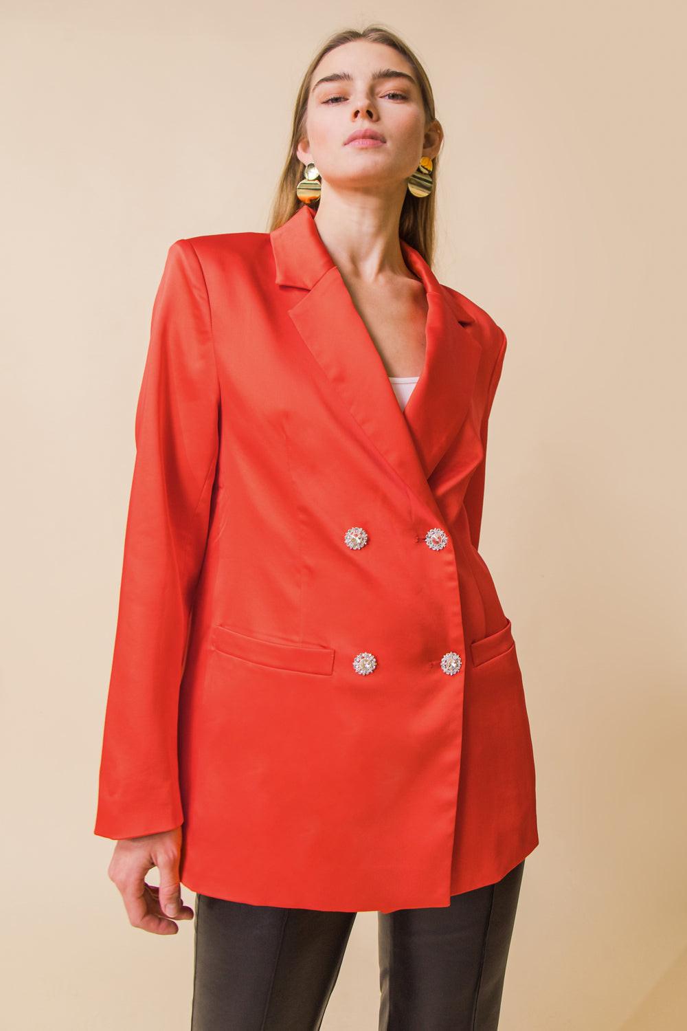 Perfect for Me Satin Blazer with Front Pockets Tailored Fit and Sleeve Buttons in 20orange, view 203 — Soul Flow Apparel