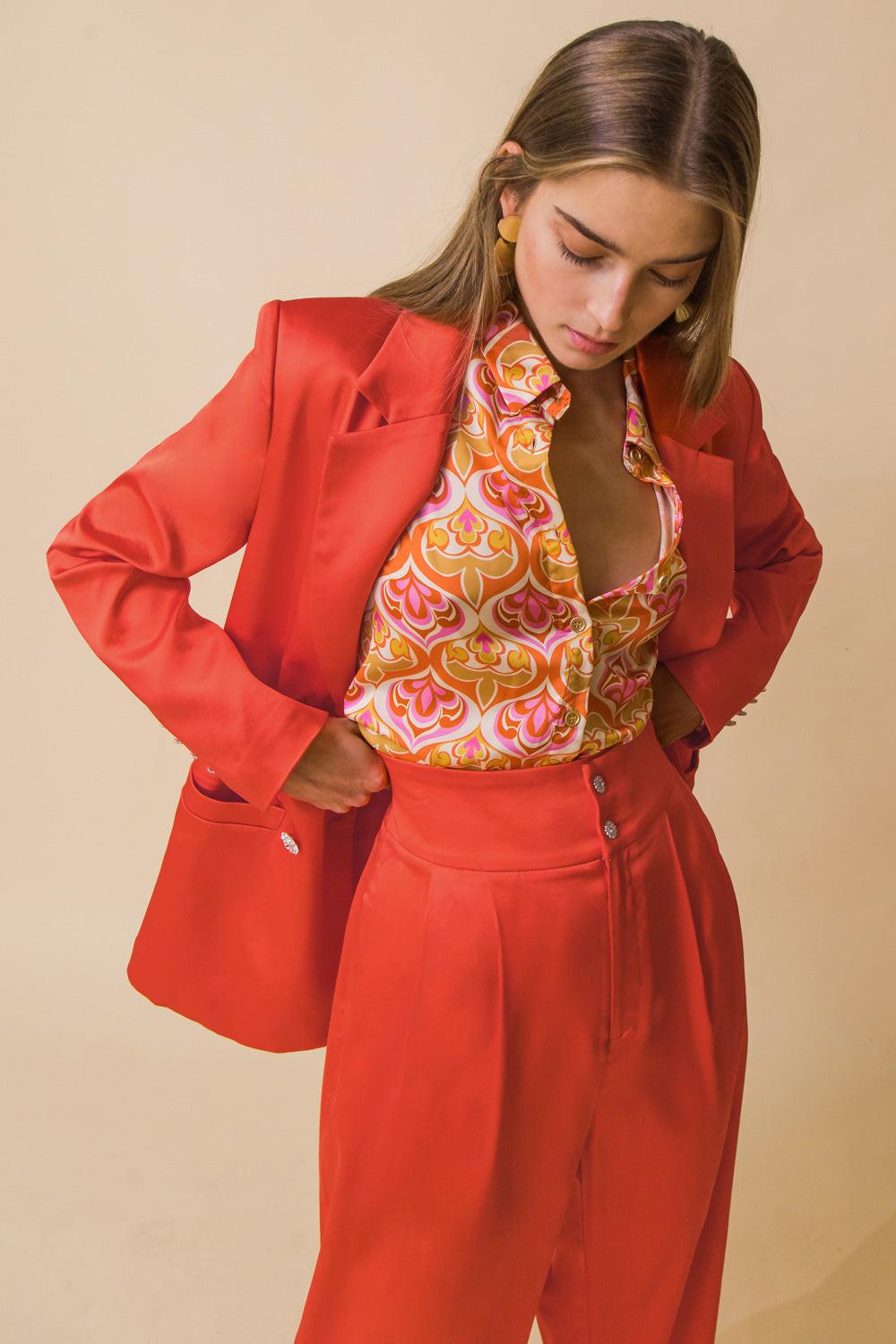 Perfect for Me Satin Blazer with Front Pockets Tailored Fit and Sleeve Buttons in 20orange, view 204 — Soul Flow Apparel