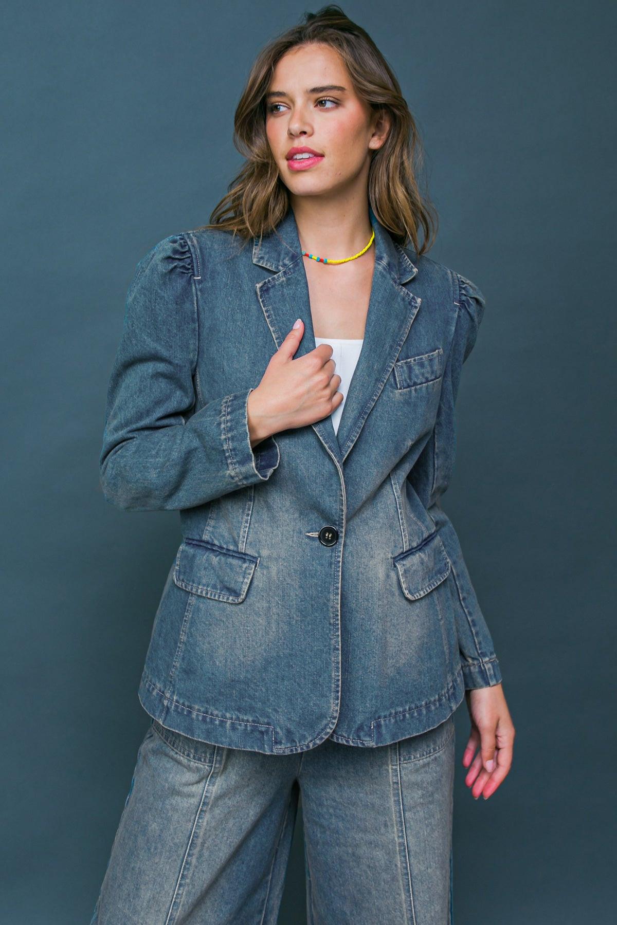 Give It Your All Denim Blazer Washed Denim Front Button Closure Pockets in 20den46 — Soul Flow Apparel