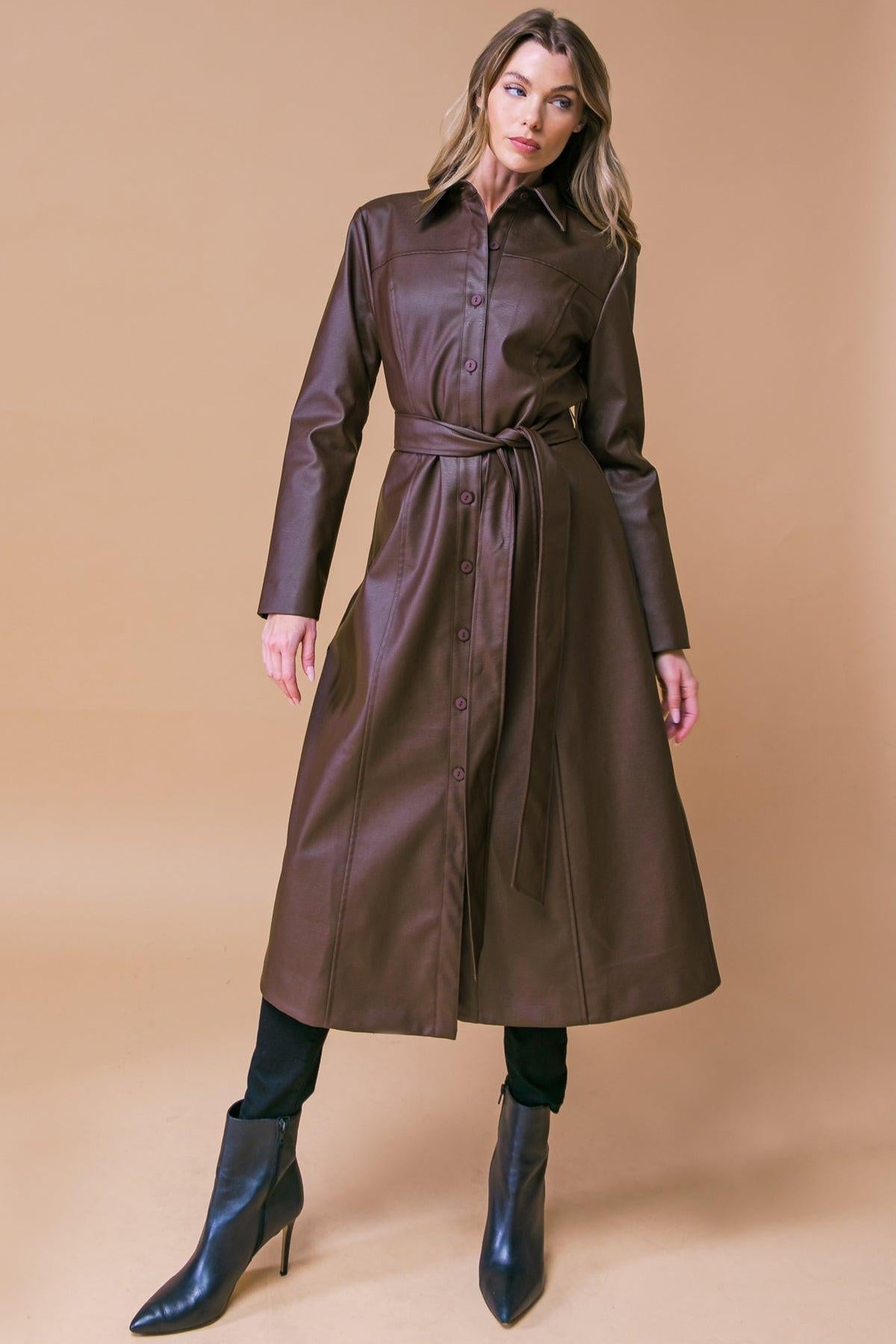 Wonderful Day Faux Leather Midi Coat with Button Down Detailing and Sash Tie in 20bro25 — Soul Flow Apparel