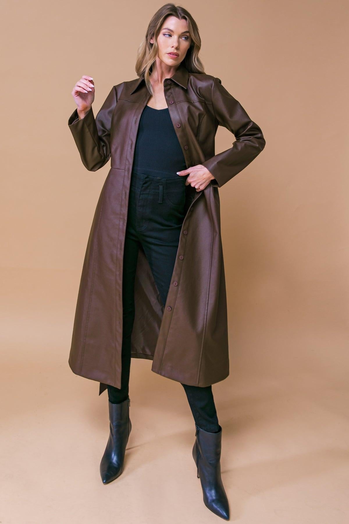 Wonderful Day Faux Leather Midi Coat with Button Down Detailing and Sash Tie in 20bro5 — Soul Flow Apparel