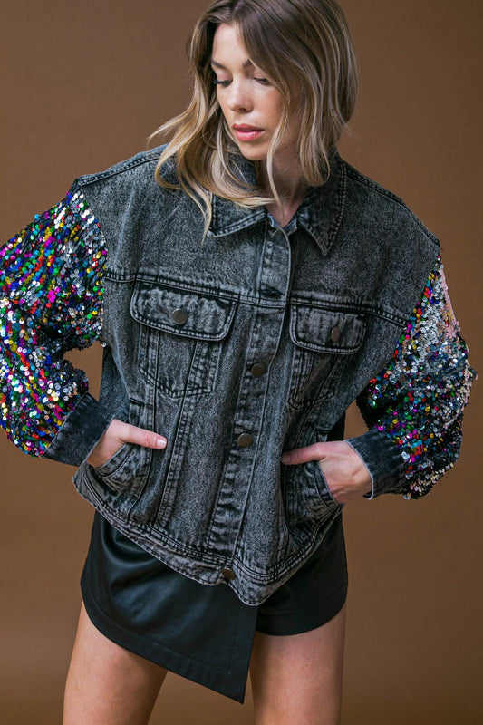 Going There Washed Denim Jacket with Button Down Front and Sequin Sleeves in 20bla52 — Soul Flow Apparel