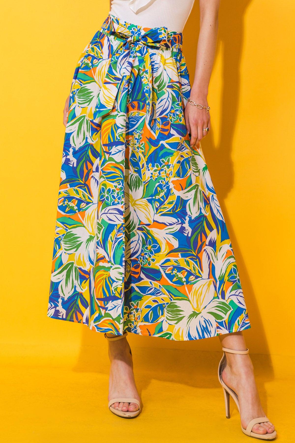 Printed Poplin Full Skirt with Self Tie and Pockets Side Zip Closure in 20blu 20grn15 — Soul Flow Apparel