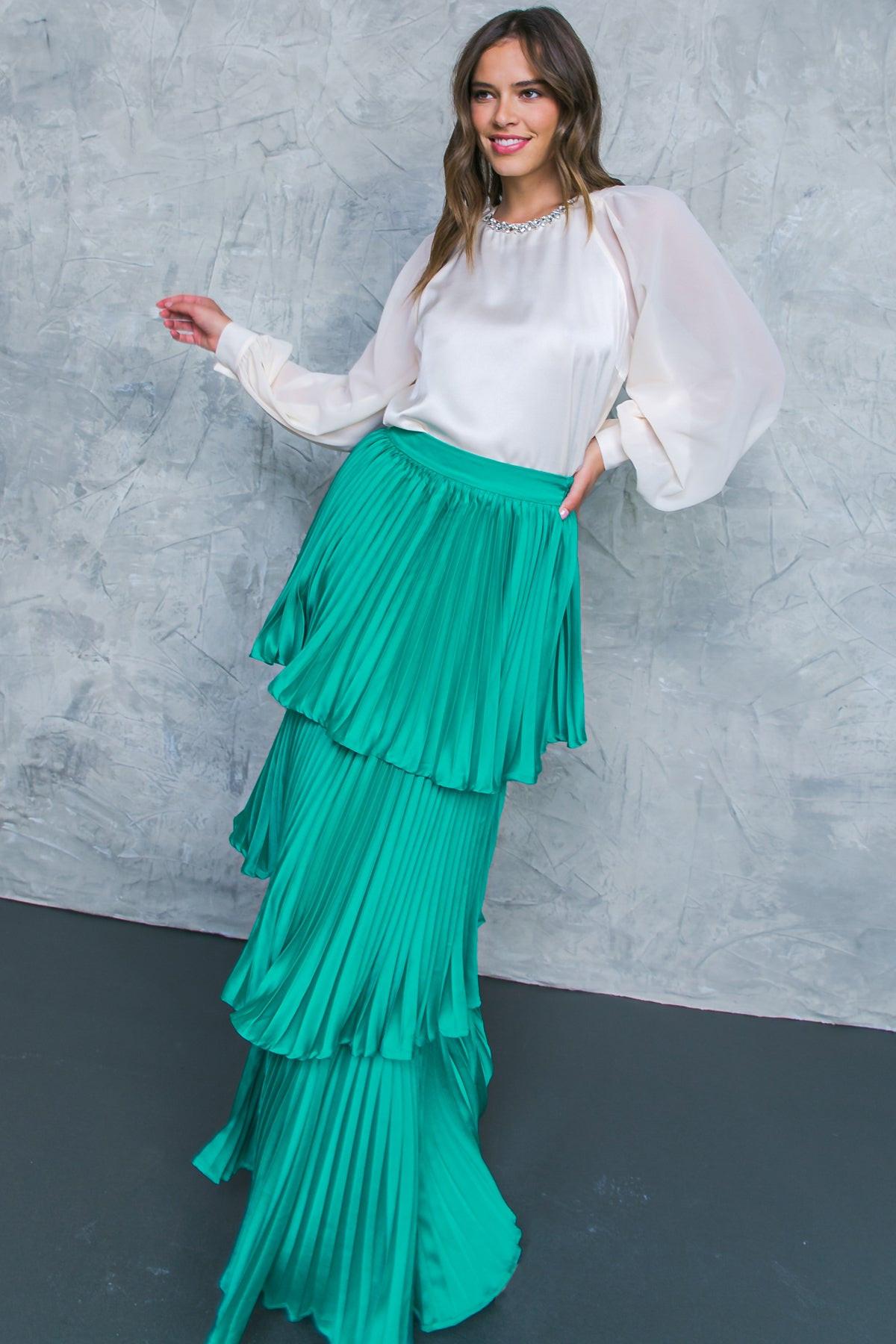 In Love with Me Woven Skirt Solid Color with Pleated Layers and Side Zipper in 20tea 20gre29 — Soul Flow Apparel