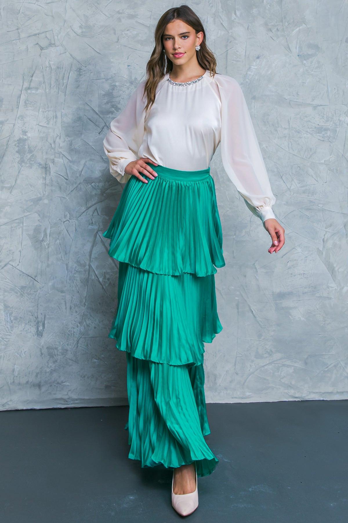 In Love with Me Woven Skirt Solid Color with Pleated Layers and Side Zipper in 20tea 20gre32 — Soul Flow Apparel