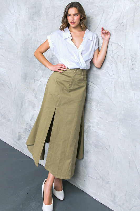 Complete Crush Twill Midi Skirt with Front Slit and Side Pockets in 20kha5 — Soul Flow Apparel