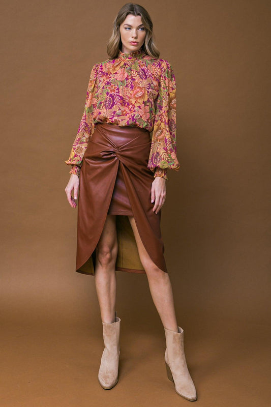 Choose Us Faux Leather Midi Skirt with Twist Front and Back Zipper in 20bro34 — Soul Flow Apparel