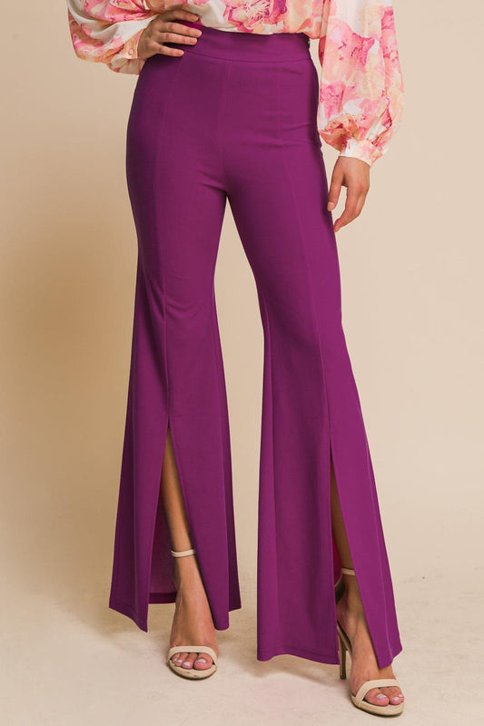 Hey Darling Woven Flare Pants with Center Seam and Slit Bottom in 20mag, view 1 — Soul Flow Apparel