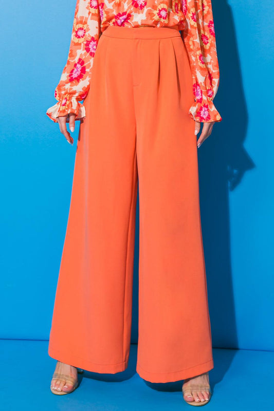 Good Vibes Woven Pants with Wide Leg Front Button Fly Side Pockets in 20org, view 2039 — Soul Flow Apparel