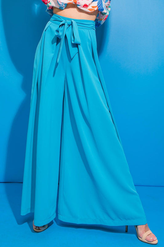 Rumor Going Around Woven Pants Pleated Front Self Tie Waist Wide Leg Side Zipper in 20aqu13 — Soul Flow Apparel