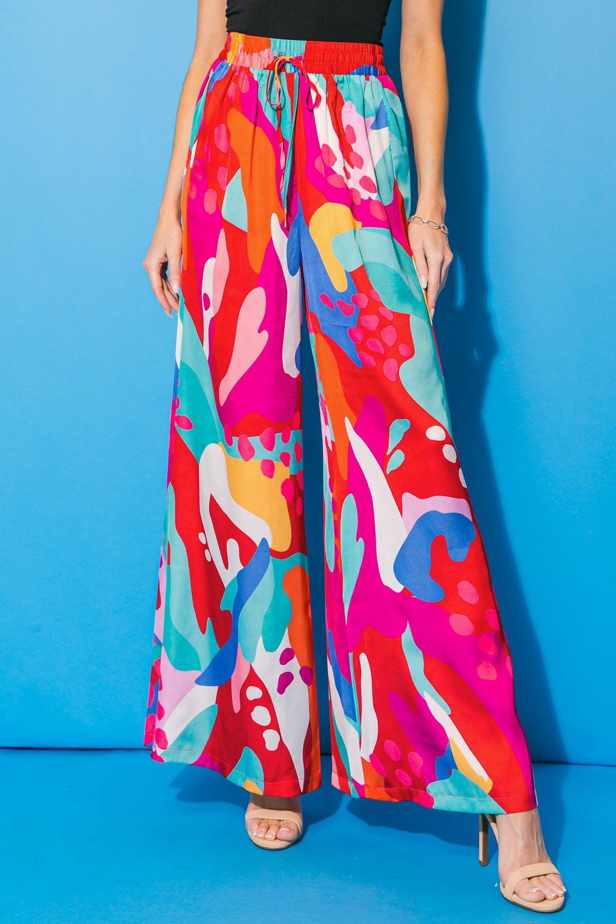 Cancun Getaway Satin Pants with Elastic Waist and Wide Leg Silhouette in 20multi14 — Soul Flow Apparel