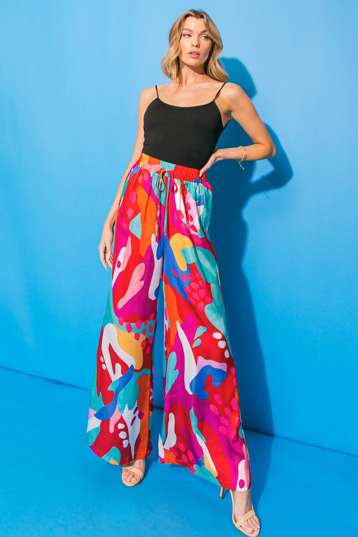 Cancun Getaway Satin Pants with Elastic Waist and Wide Leg Silhouette in 20multi7 — Soul Flow Apparel