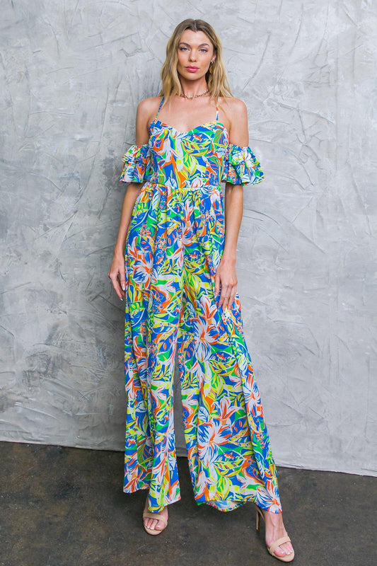 Unseen Beauty Floral Woven Jumpsuit with Cold Shoulder and Sweetheart Neckline in 20blu1 — Soul Flow Apparel