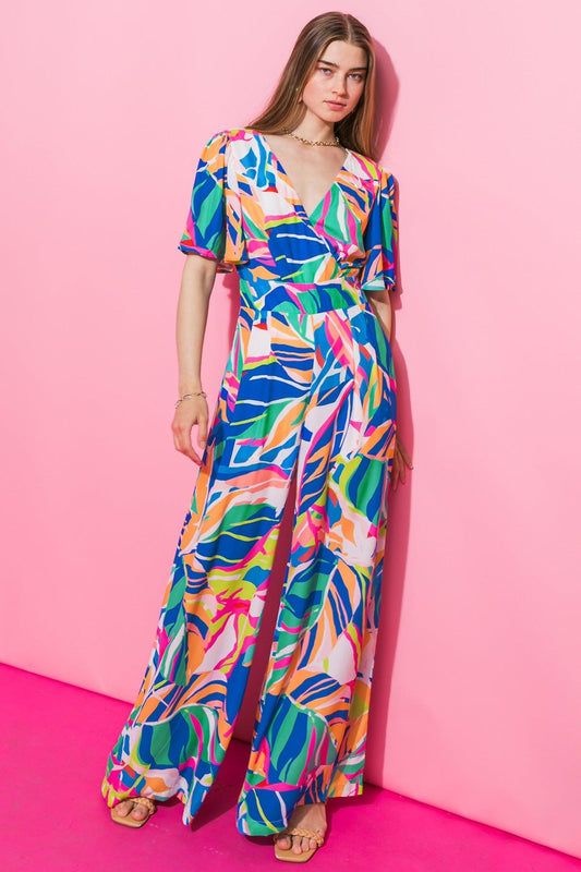 Whitewater Bay Printed Woven Jumpsuit with Surplice Neckline and Flutter Sleeves in 20blue, view 209 — Soul Flow Apparel