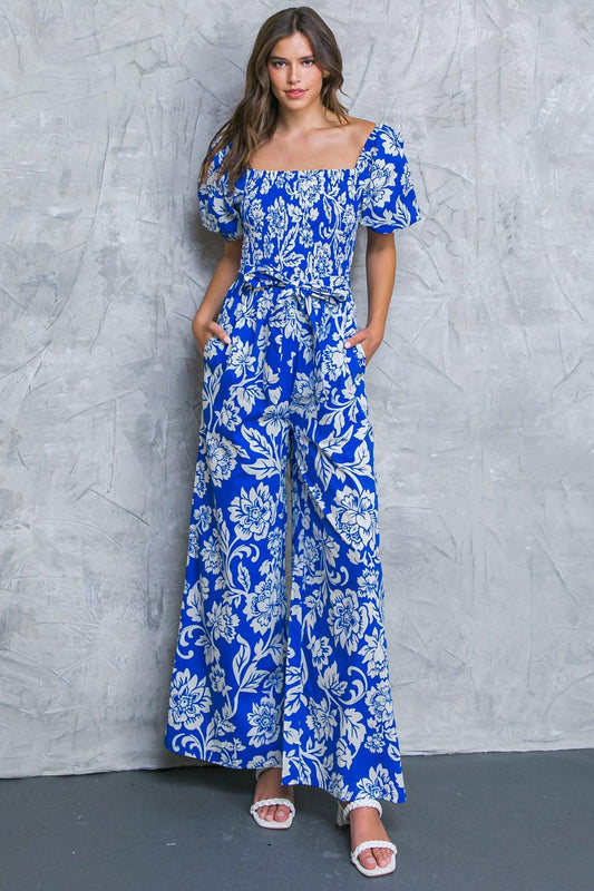 Someone You Loved Woven Jumpsuit with Smocked Bodice Wide Leg and Self Tie in 20blu 20whi1 — Soul Flow Apparel