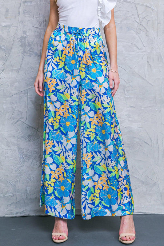Cruising Through Satin Printed Wide Leg Pants with Tie Waist in 20blu13 — Soul Flow Apparel
