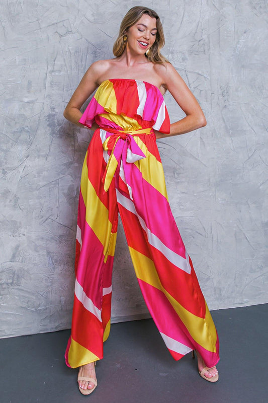 Broadwalk Dream Woven Jumpsuit with Flounce Neckline and Wide Leg in 20pin 20red4 — Soul Flow Apparel