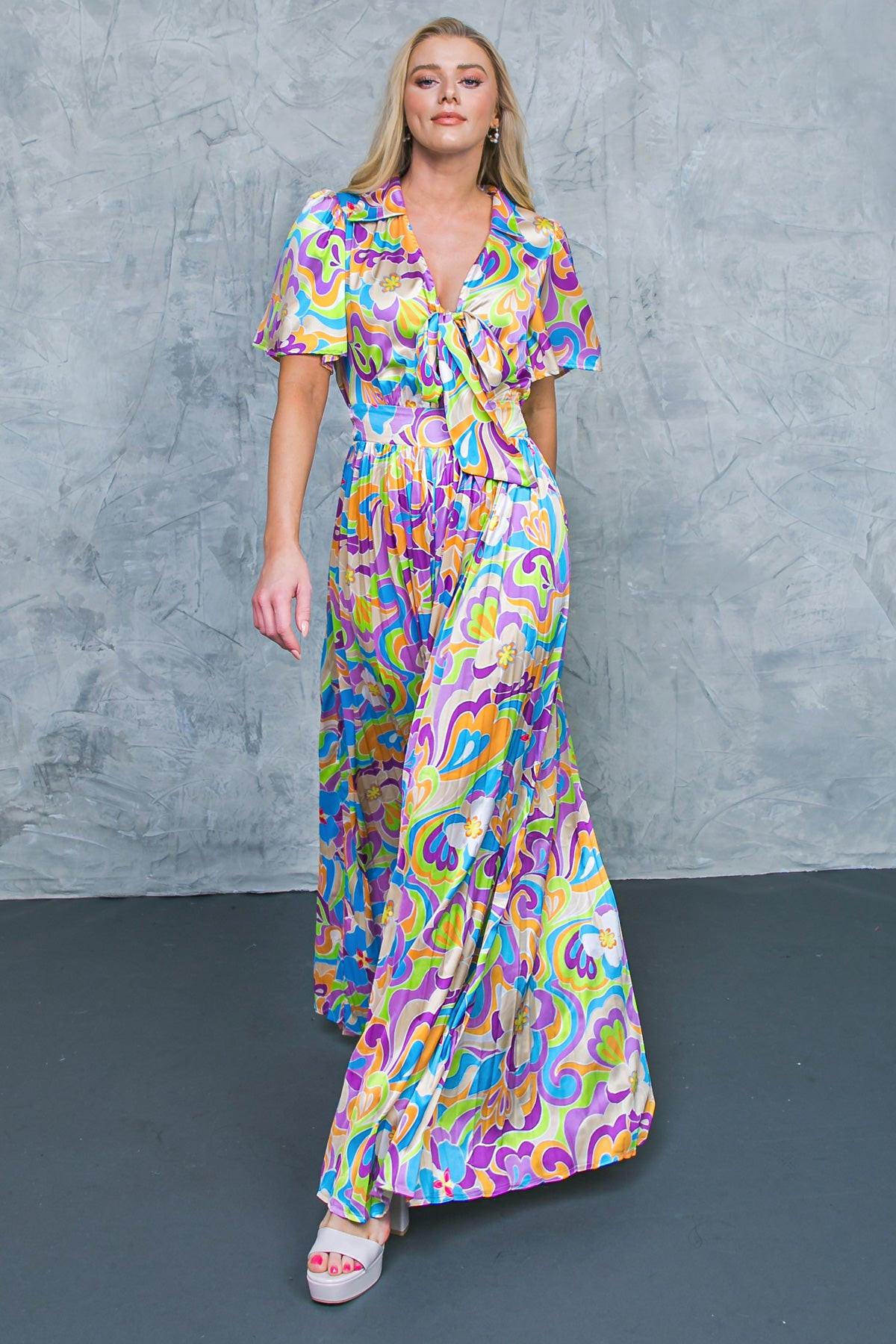 Secret Place Woven Jumpsuit with Shirt Collar V Neck and Pleated Wide Leg Pants in 20pur 20lim5 — Soul Flow Apparel