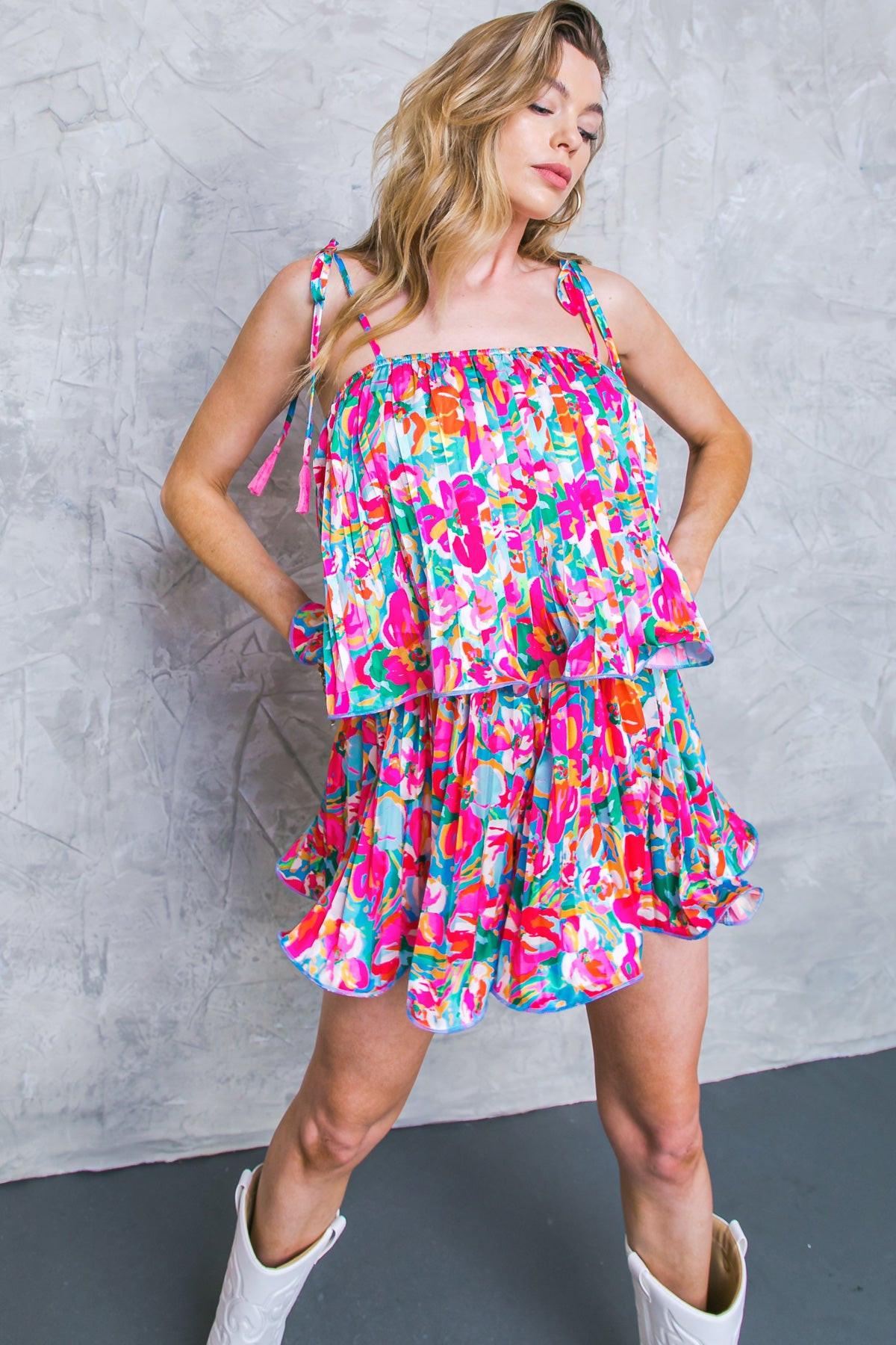 Put a Spin Woven Romper Pleated with Shoulder Ties Straight Neckline in 20blu 20fuc2 — Soul Flow Apparel