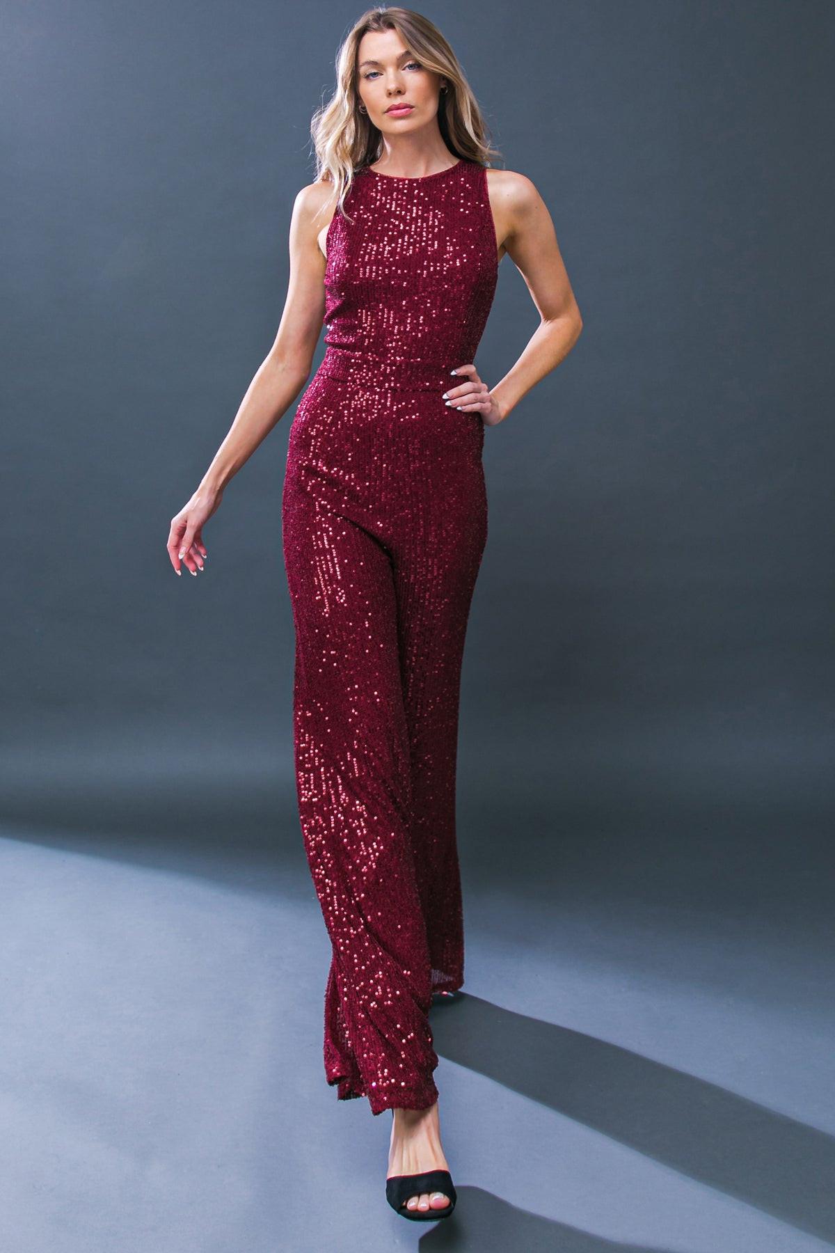 Divine Wanderings Sequin Jumpsuit with Wide Leg Silhouette in 20bur28, view 1 — Soul Flow Apparel