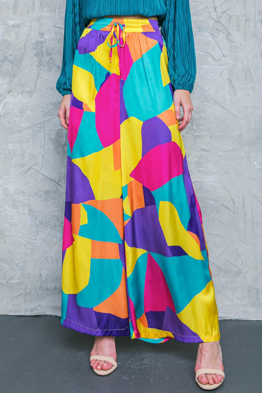 Follow the Flow Woven Pants Wide Leg with Elastic Waist and Tie in 20fuc 20yel10 — Soul Flow Apparel