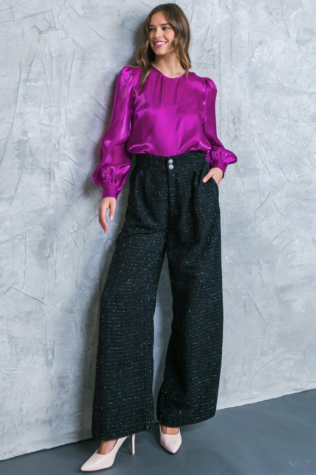 Always Praiseworthy Tweed Pants with Pleated Front and Wide Leg in 20bla26 — Soul Flow Apparel