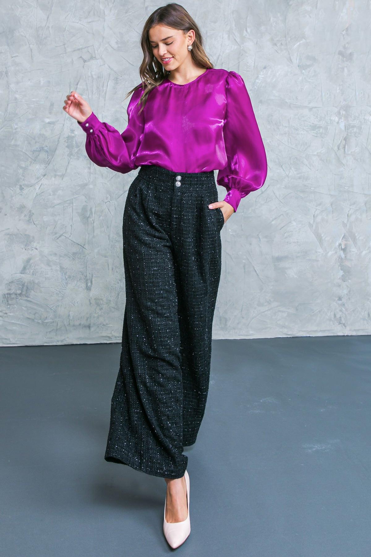 Always Praiseworthy Tweed Pants with Pleated Front and Wide Leg in 20bla29 — Soul Flow Apparel