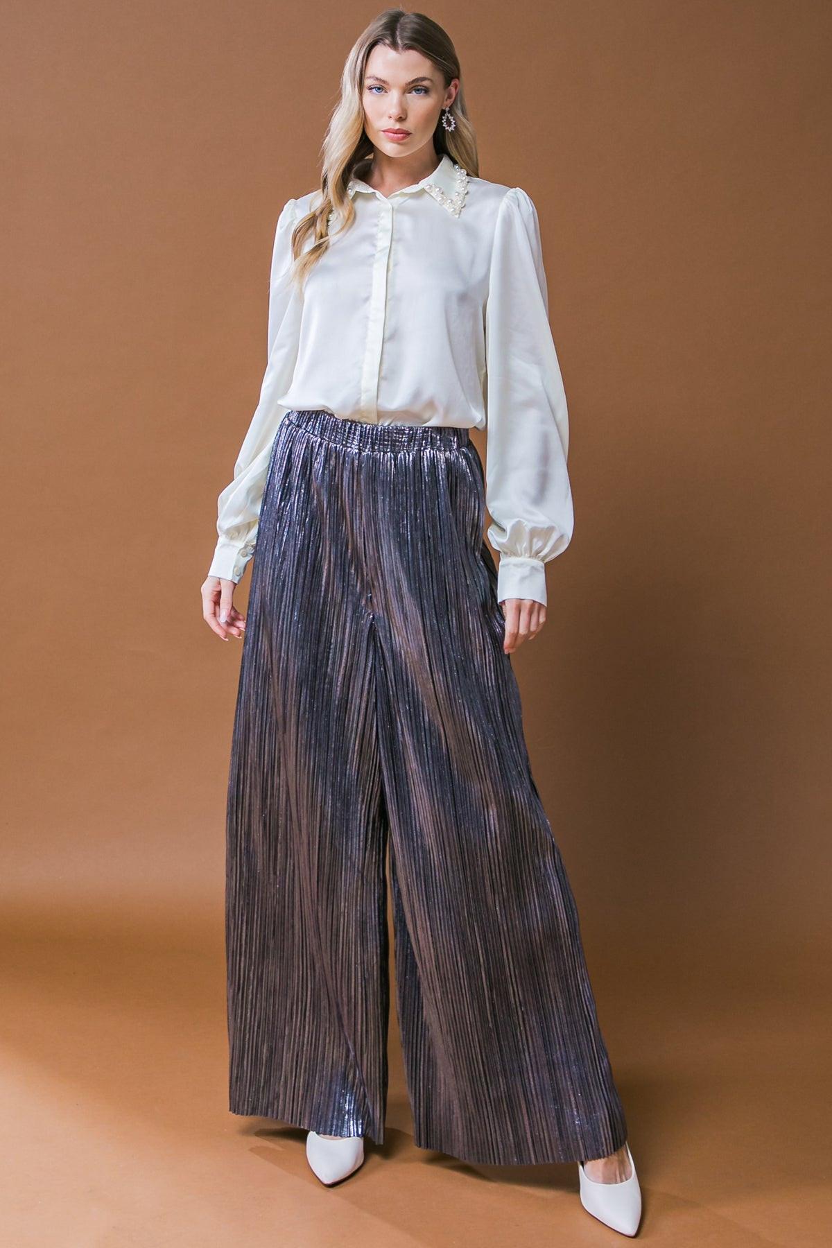 Porch Swing Kisses Woven Pants Wide Leg Pleated Elasticized Waistband in 20gun 20met27 — Soul Flow Apparel