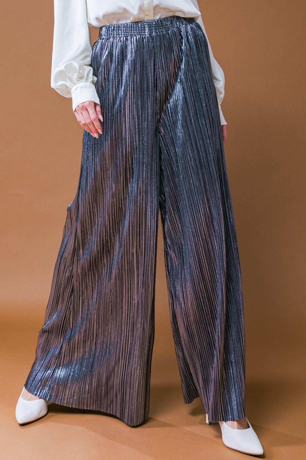Porch Swing Kisses Woven Pants Wide Leg Pleated Elasticized Waistband in 20gun 20met38 — Soul Flow Apparel