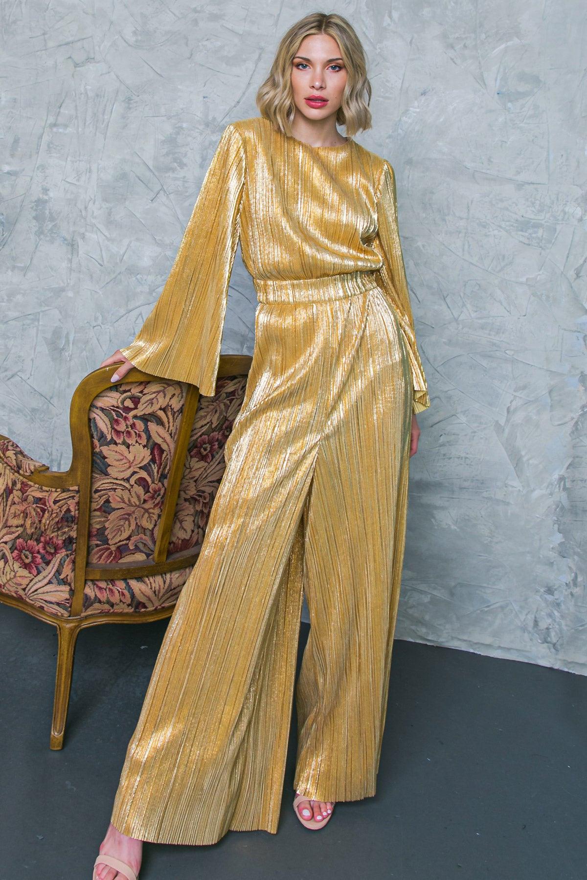 Dare to Dazzle Plisse Jumpsuit with Bell Sleeves Wide Legs in 20gol30 — Soul Flow Apparel