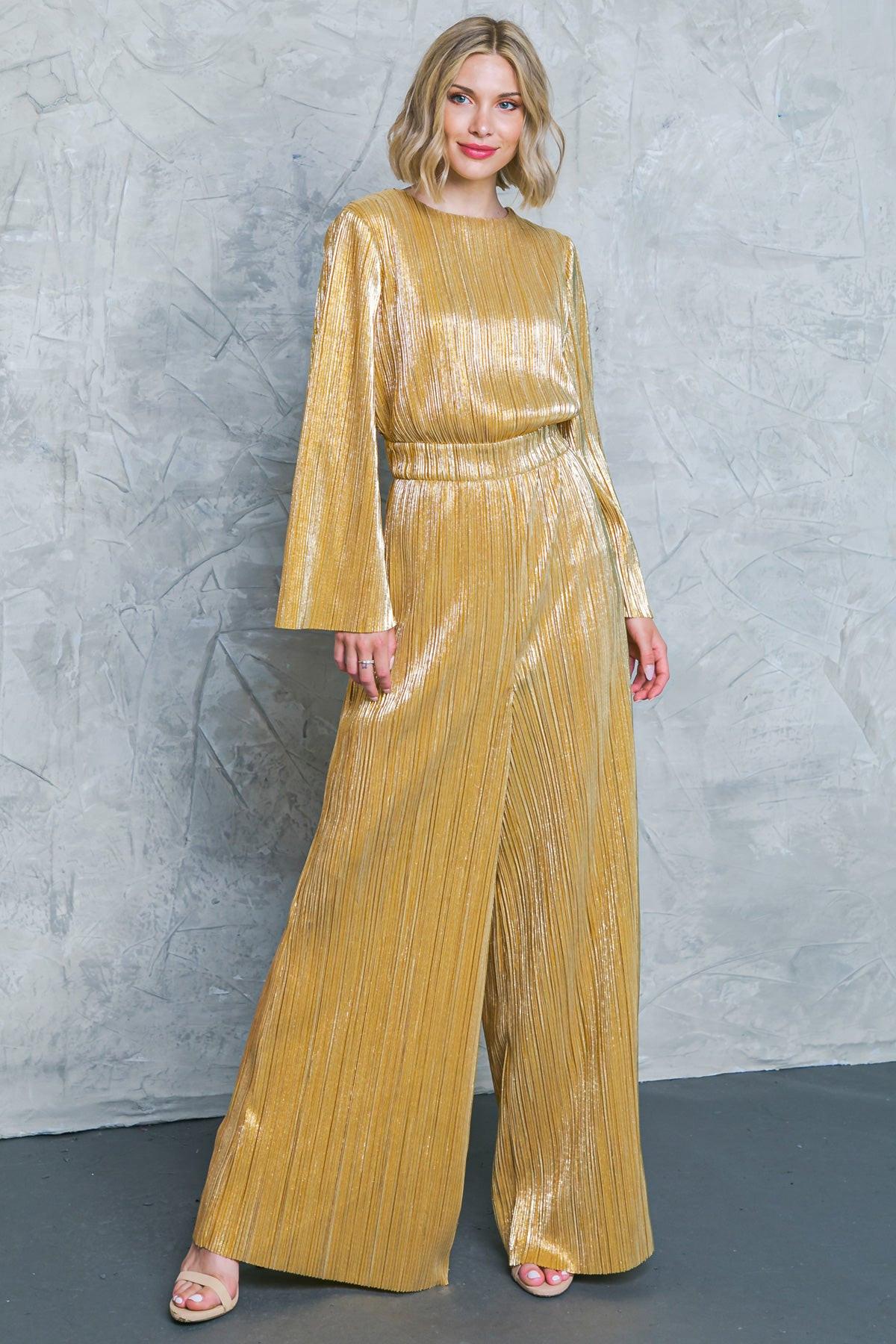 Dare to Dazzle Plisse Jumpsuit with Bell Sleeves Wide Legs in 20gol32 — Soul Flow Apparel