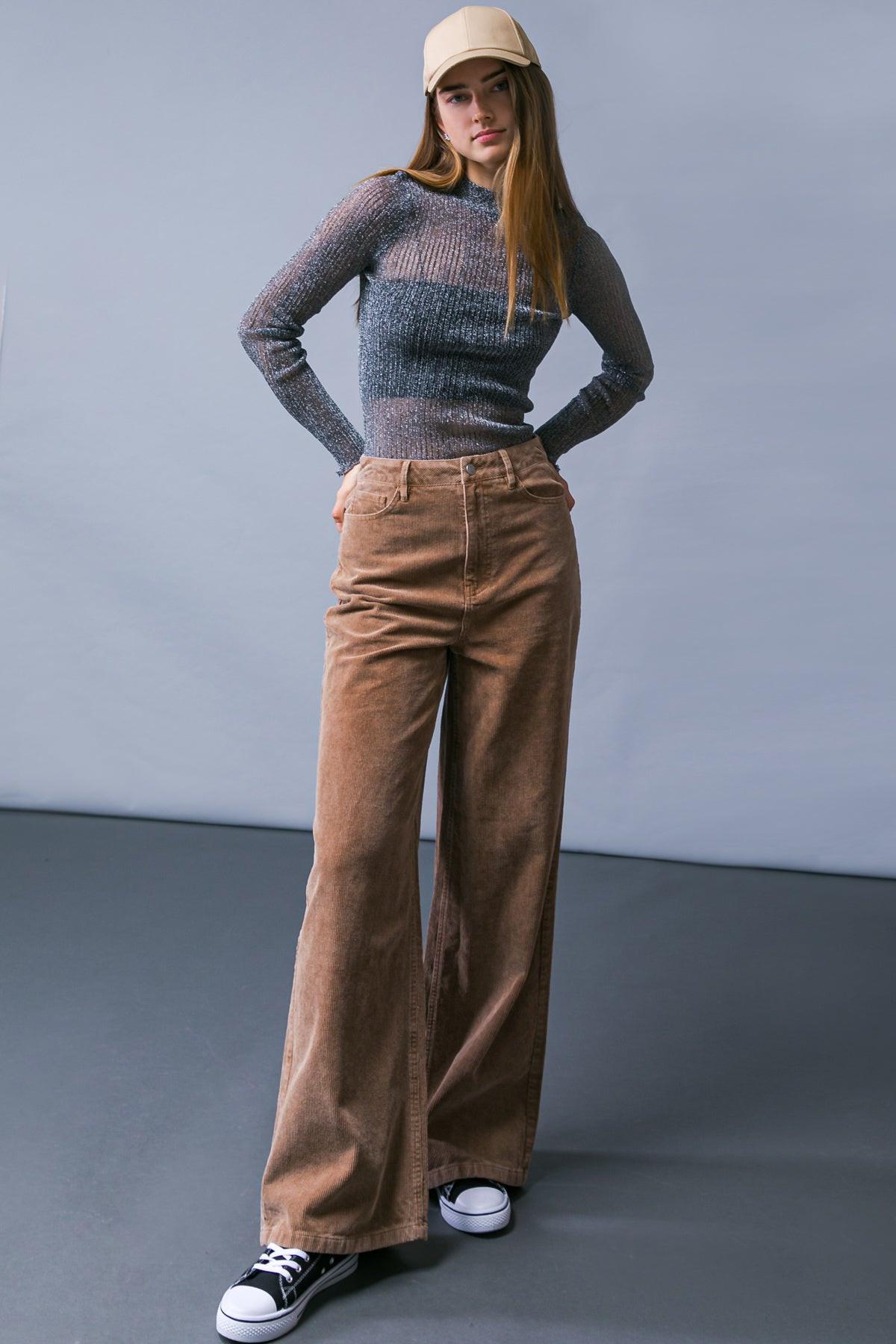 How Dare You Corduroy Pants Wide Leg Front Closure Back Pockets