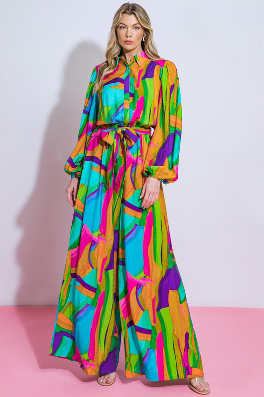 All My Heart Woven Jumpsuit with Shirt Collar Blouson Sleeves and Wide Leg in 20gre 20pin1 — Soul Flow Apparel