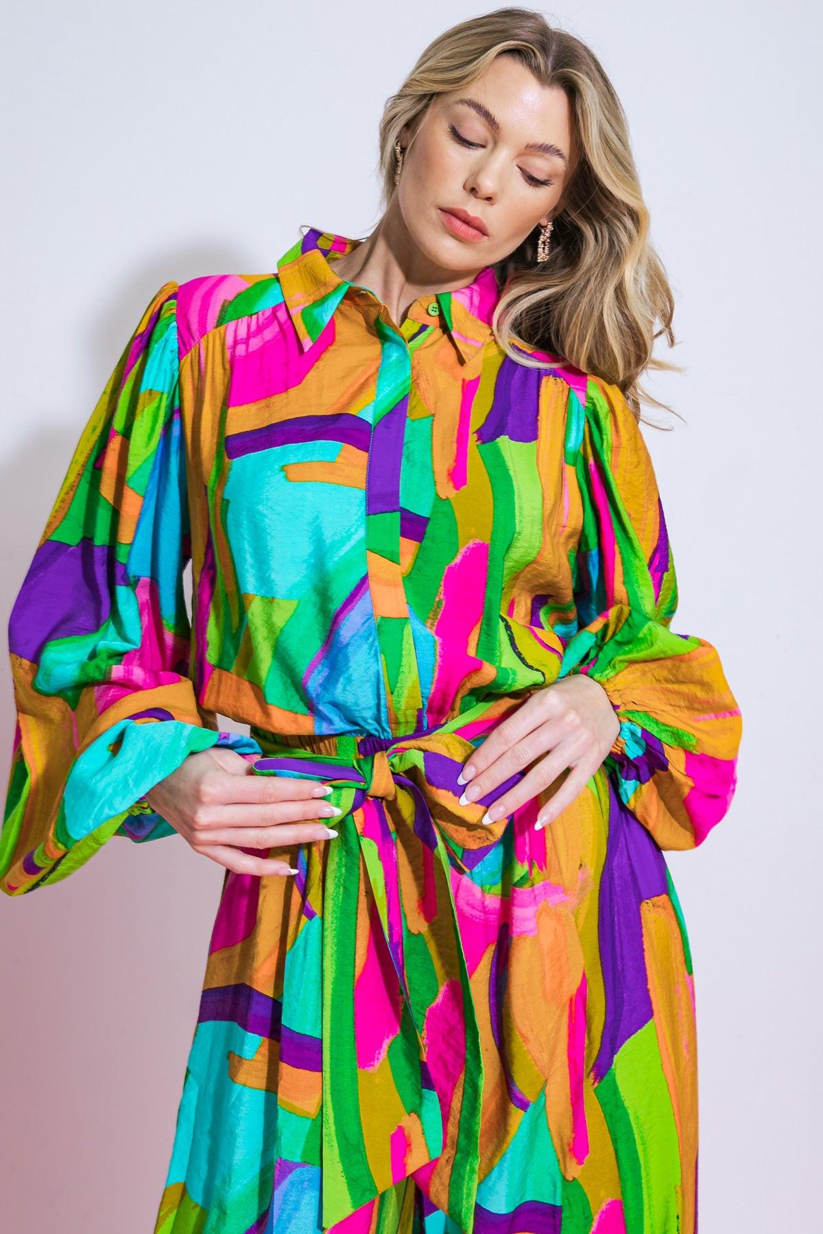 All My Heart Woven Jumpsuit with Shirt Collar Blouson Sleeves and Wide Leg in 20gre 20pin11 — Soul Flow Apparel