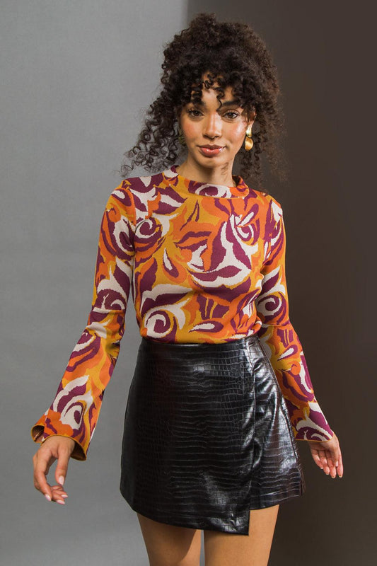 Her Favorite Features Jacquard Knit Sweater Top Bell Sleeve Contour Fit in 20rust 20berry, view 2014 — Soul Flow Apparel
