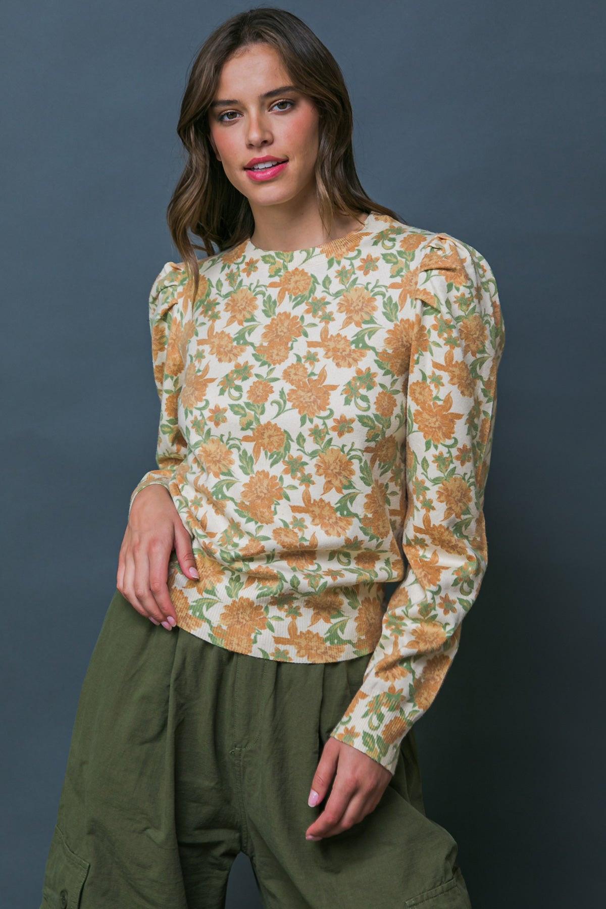 Officially Impressive Sweater Top with Printed Design and Long Puff Sleeves in 20cre27 — Soul Flow Apparel