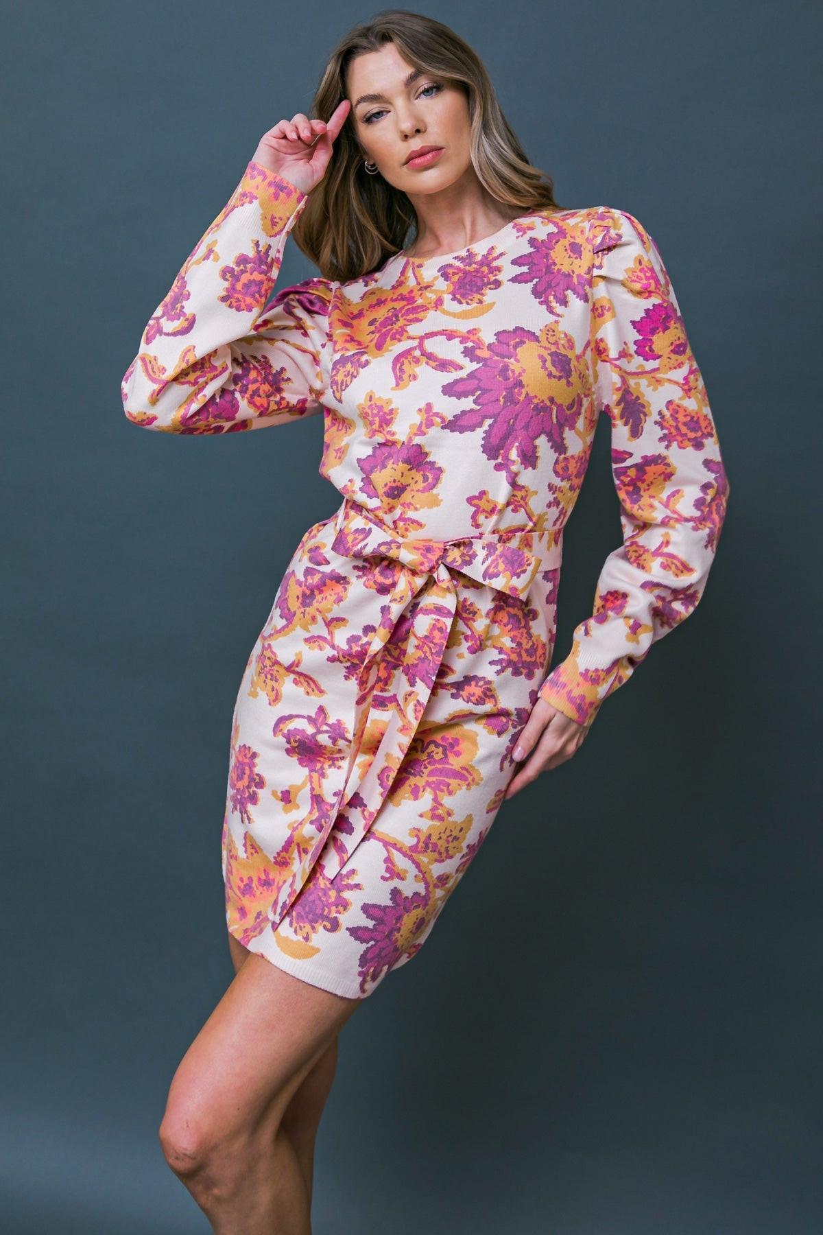 Enjoy the View Sunset Sweater Mini Dress Printed Knit with Long Puff Sleeves in 20cre27 — Soul Flow Apparel