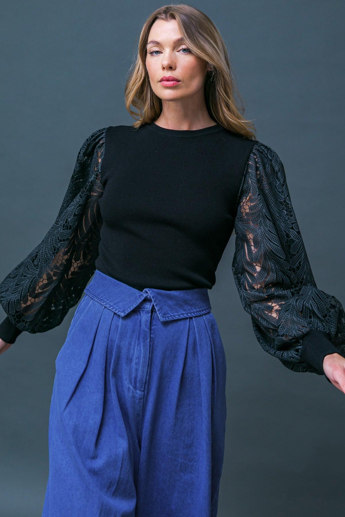 Leisure Life Knit Sweater Top with Round Neckline and Contrasting Puff Sleeves in 20bla33 — Soul Flow Apparel
