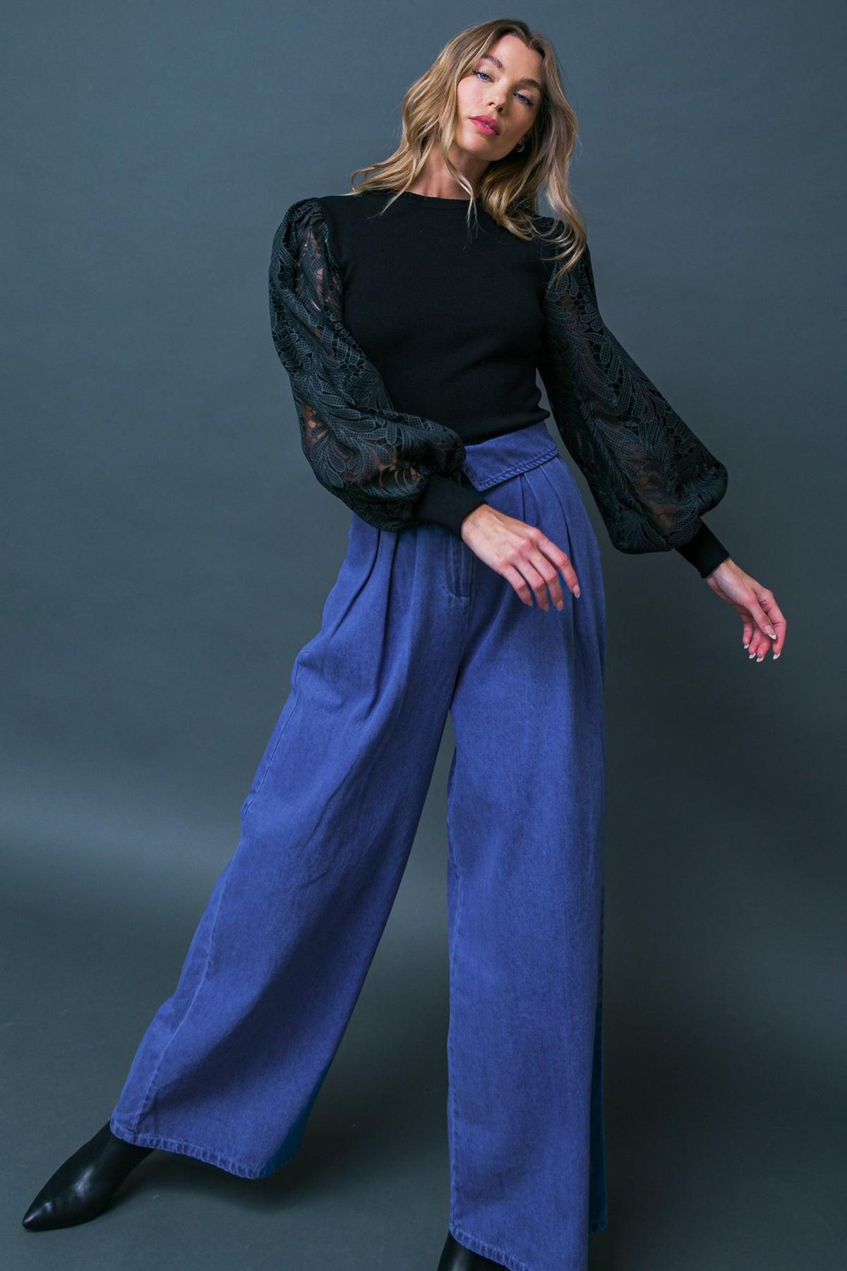 Leisure Life Knit Sweater Top with Round Neckline and Contrasting Puff Sleeves in 20bla36 — Soul Flow Apparel