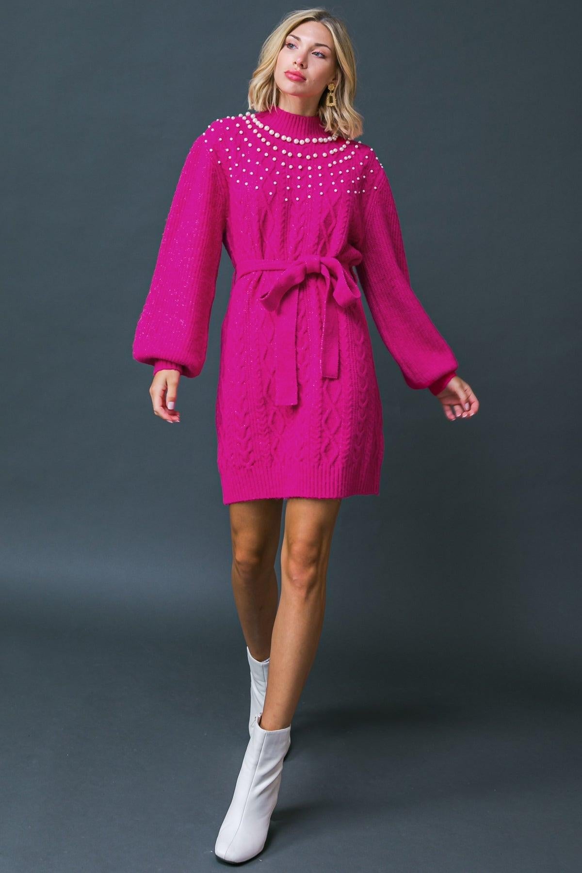 Bring the Vibes Sweater Mini Dress with Pearl Trim and Self Tie Sash Belt in 20fuc2 — Soul Flow Apparel